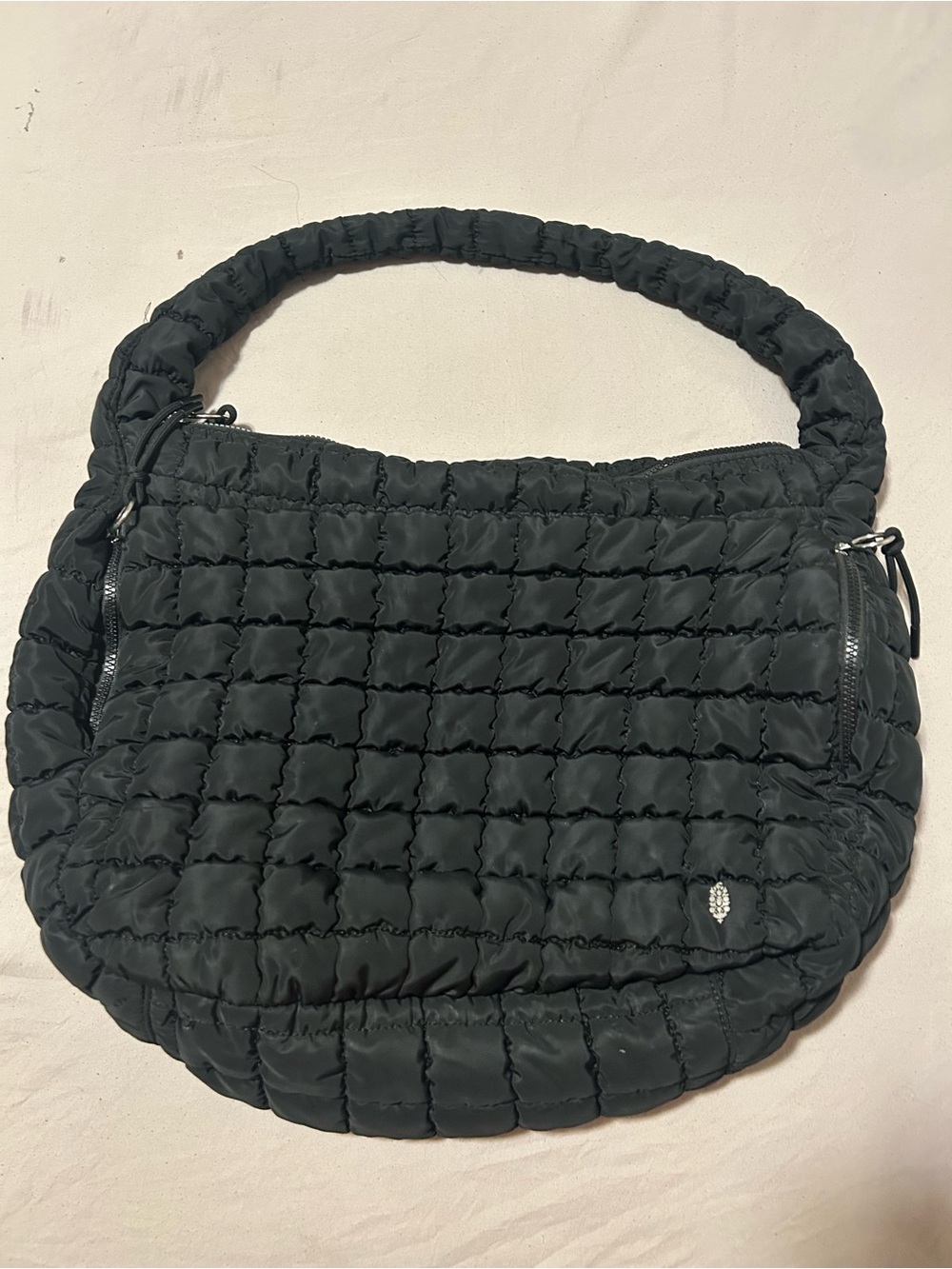 FP Movement by Free People Black Quilted Puffer Shoulder Bag with Ruched Strap